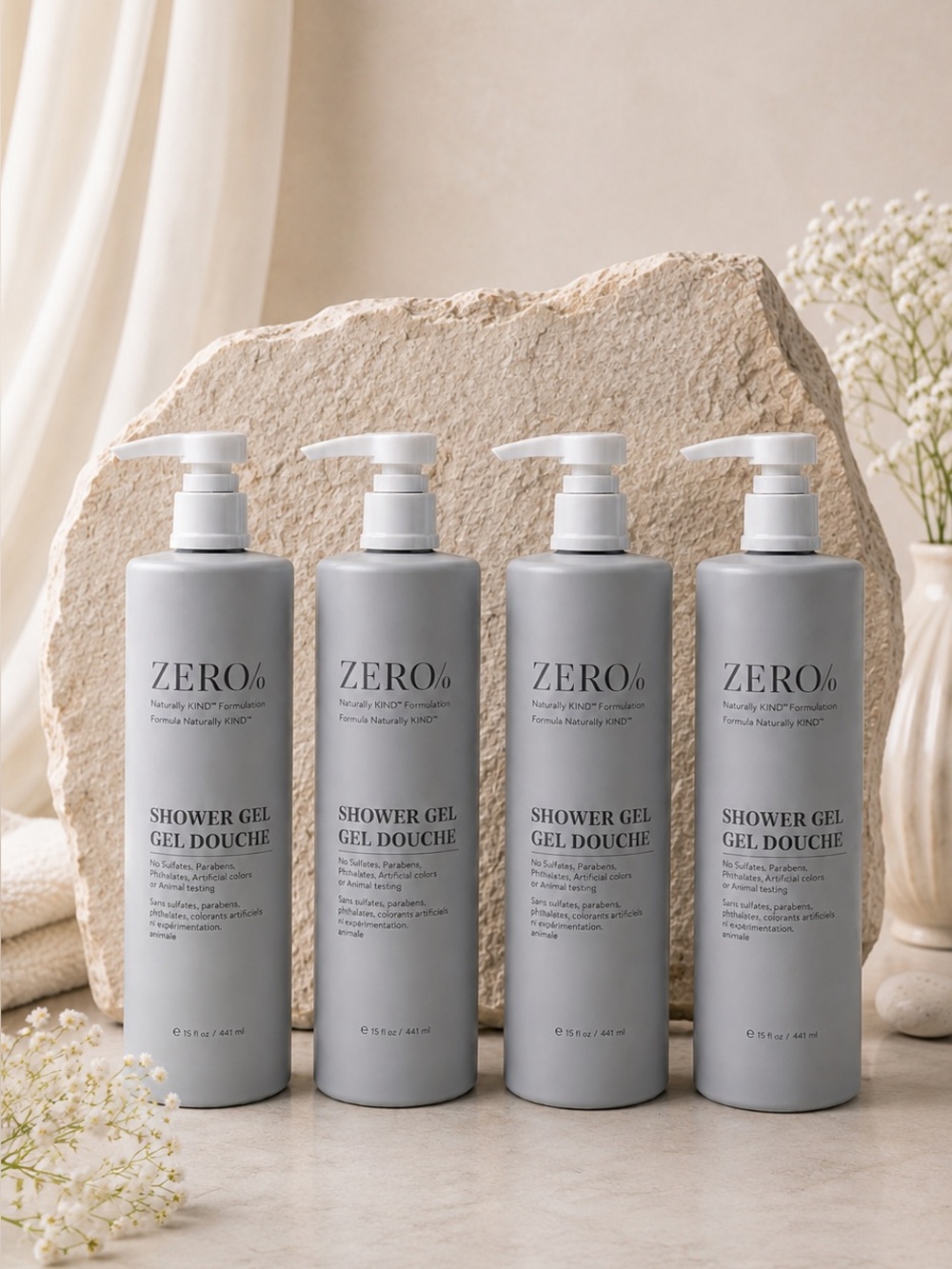 (4 PACK) ZERO% Shower Gel 15oz | Luxury Hotel Spa Shower Gel | Sulfate-Free